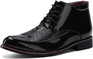 New Round Toe Lace Up Boots For Men Derby Crocodile Print Cap Toe PU Wearable Non Slip Dress Stylish Vintage