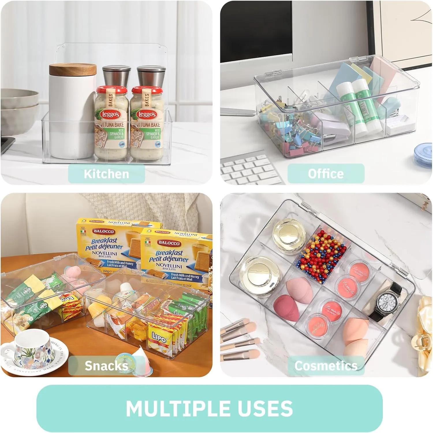novelinks Clear Plastic Tea Bag Organizer Stackable Storage Organizer with Lid Divided Container Box with Lid for Kitchen Cabinet, Condiments,Countertop, Pantry, Hold Coffee Pods, 1 Pack