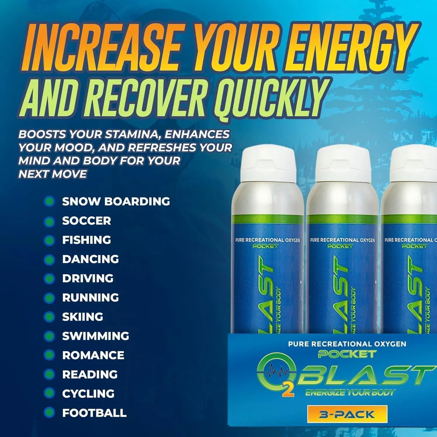 O2 Blast, Pure Oxygen Supplement, Quick Recovery for Exercise and Focus. Sanitary Flip Top Cap (4 Liter Oxygen Canisters - 3 Pack - Natural)