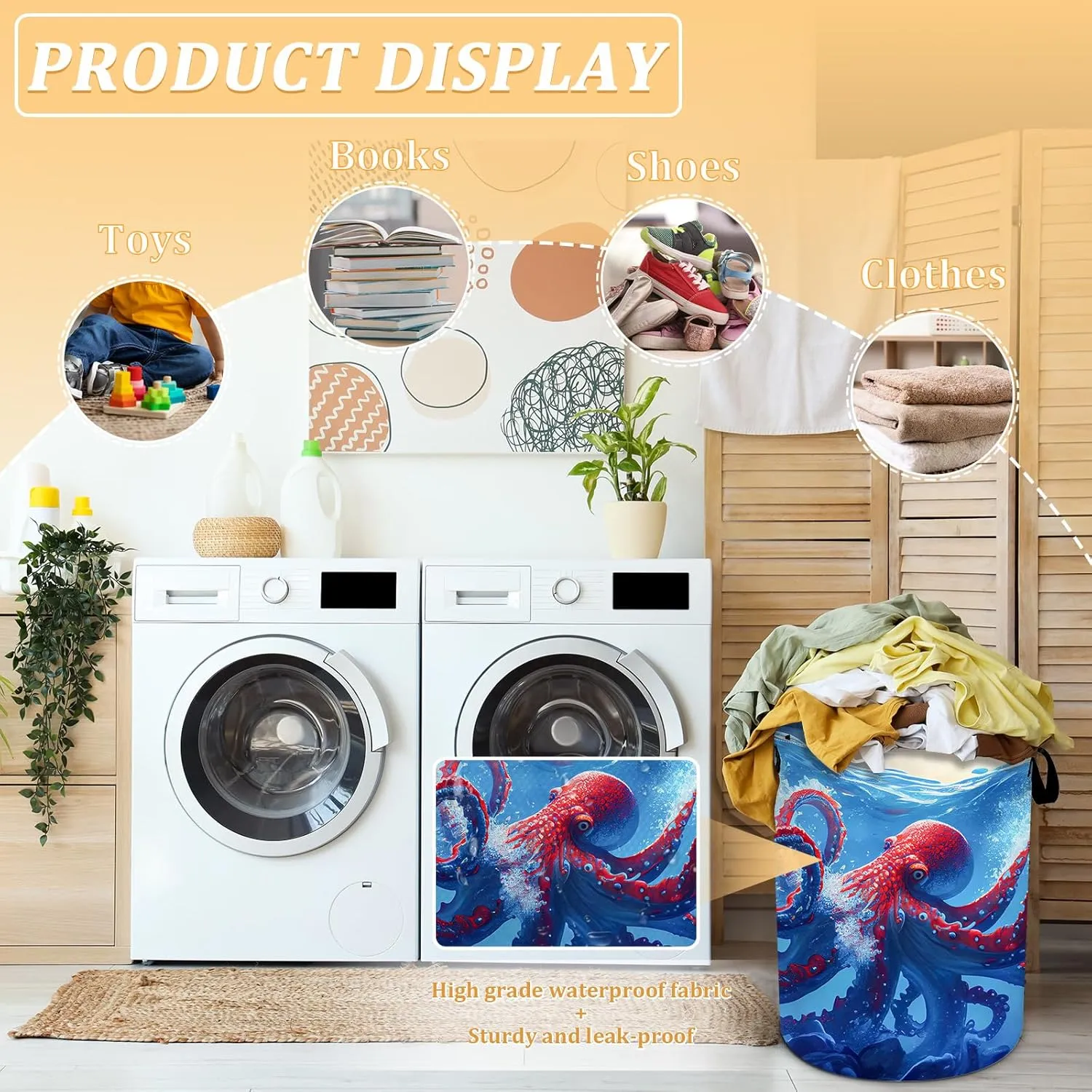 Octopus Laundry Basket, Ocean Animals Laundry Hamper Foldable Waterproof Oxford Cloth Funny Tote Bag Dirty Clothes Storage Bucket Toy Organizer for Bathroom/Laundry/Bedroom 15.7"x19.6"