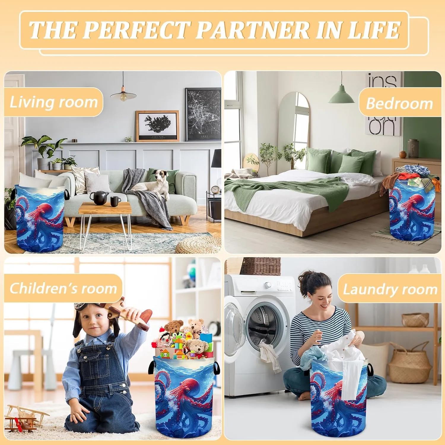 Octopus Laundry Basket, Ocean Animals Laundry Hamper Foldable Waterproof Oxford Cloth Funny Tote Bag Dirty Clothes Storage Bucket Toy Organizer for Bathroom/Laundry/Bedroom 15.7"x19.6"