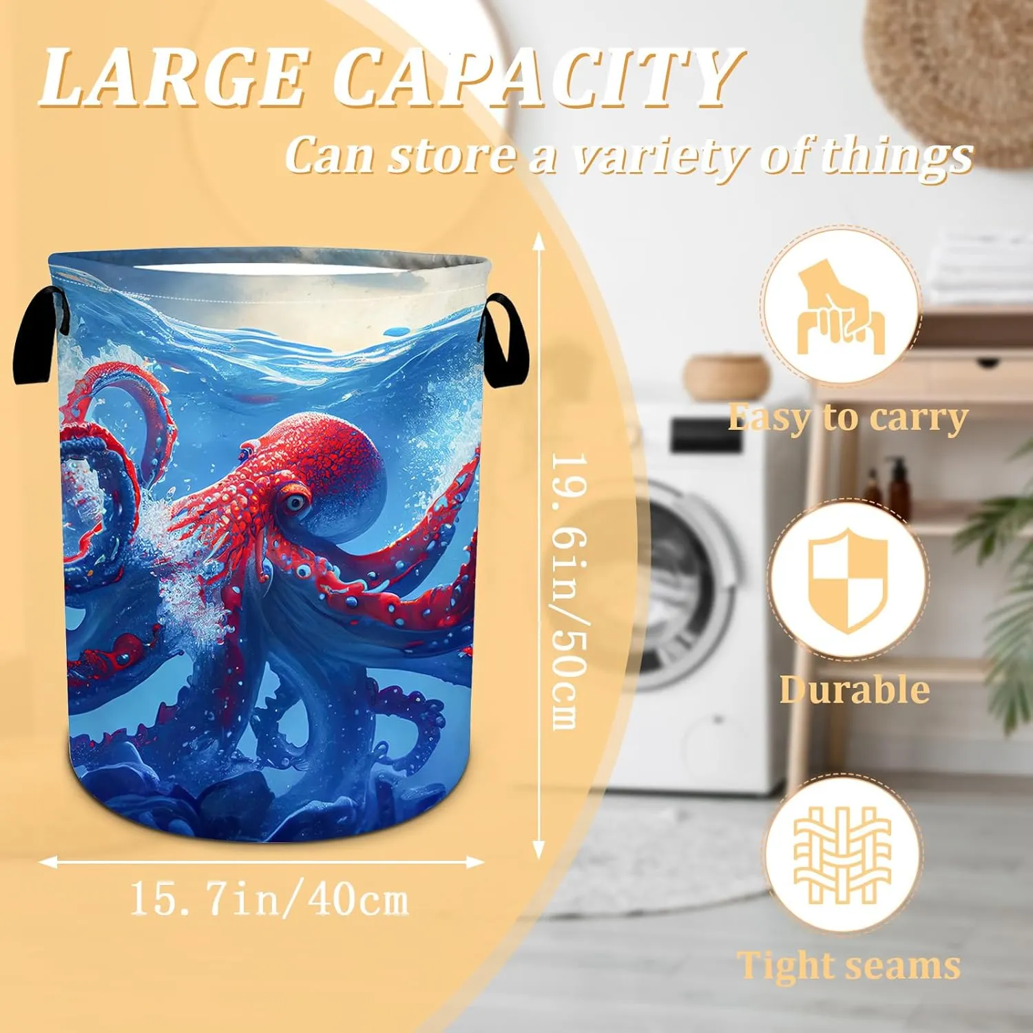Octopus Laundry Basket, Ocean Animals Laundry Hamper Foldable Waterproof Oxford Cloth Funny Tote Bag Dirty Clothes Storage Bucket Toy Organizer for Bathroom/Laundry/Bedroom 15.7"x19.6"