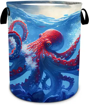 Octopus Laundry Basket, Ocean Animals Laundry Hamper Foldable Waterproof Oxford Cloth Funny Tote Bag Dirty Clothes Storage Bucket Toy Organizer for Bathroom/Laundry/Bedroom 15.7"x19.6"