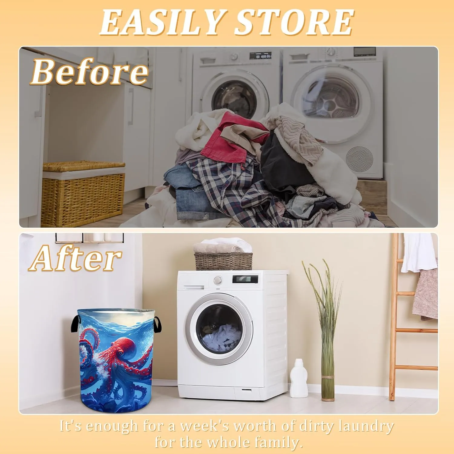 Octopus Laundry Basket, Ocean Animals Laundry Hamper Foldable Waterproof Oxford Cloth Funny Tote Bag Dirty Clothes Storage Bucket Toy Organizer for Bathroom/Laundry/Bedroom 15.7"x19.6"