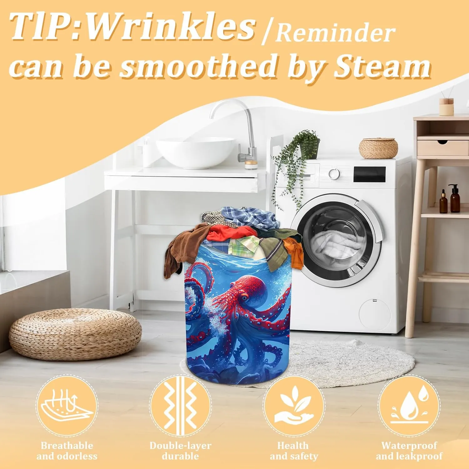 Octopus Laundry Basket, Ocean Animals Laundry Hamper Foldable Waterproof Oxford Cloth Funny Tote Bag Dirty Clothes Storage Bucket Toy Organizer for Bathroom/Laundry/Bedroom 15.7"x19.6"