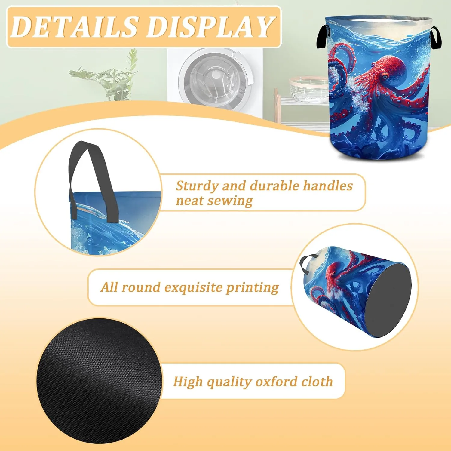 Octopus Laundry Basket, Ocean Animals Laundry Hamper Foldable Waterproof Oxford Cloth Funny Tote Bag Dirty Clothes Storage Bucket Toy Organizer for Bathroom/Laundry/Bedroom 15.7"x19.6"