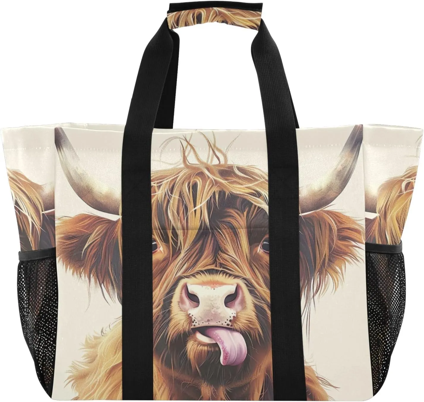 ODAWA Highland Cow Tongue Sticking Open Collapsible Water-resistant Beach Bags - Lightweight Canvas Grocery Shopping Beach Bag with Zippered Pockets