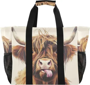 ODAWA Highland Cow Tongue Sticking Open Collapsible Water-resistant Beach Bags - Lightweight Canvas Grocery Shopping Beach Bag with Zippered Pockets