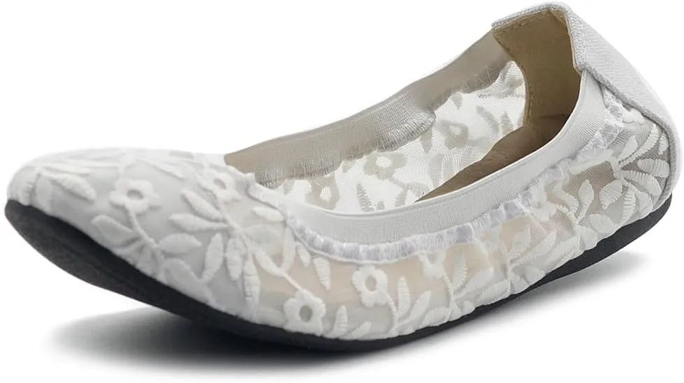 Ollio Women's Shoes Floral Embroidery Lace Slip On Comfort Light Ballet Flat