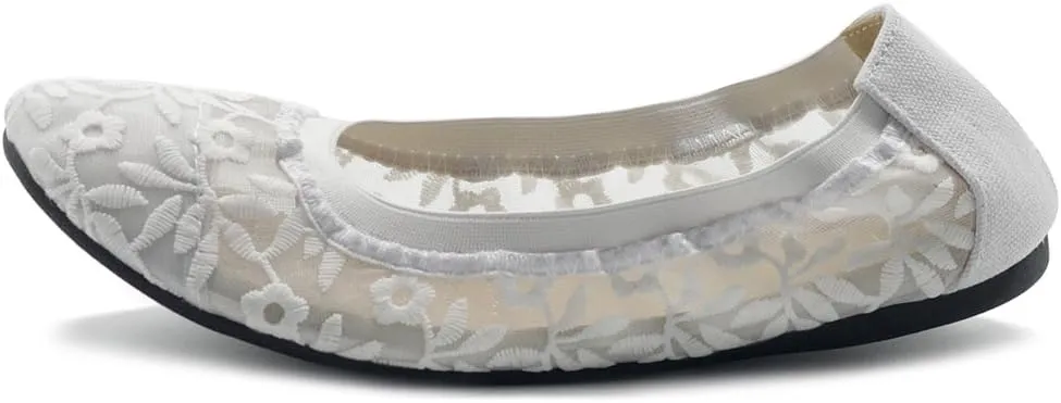 Ollio Women's Shoes Floral Embroidery Lace Slip On Comfort Light Ballet Flat