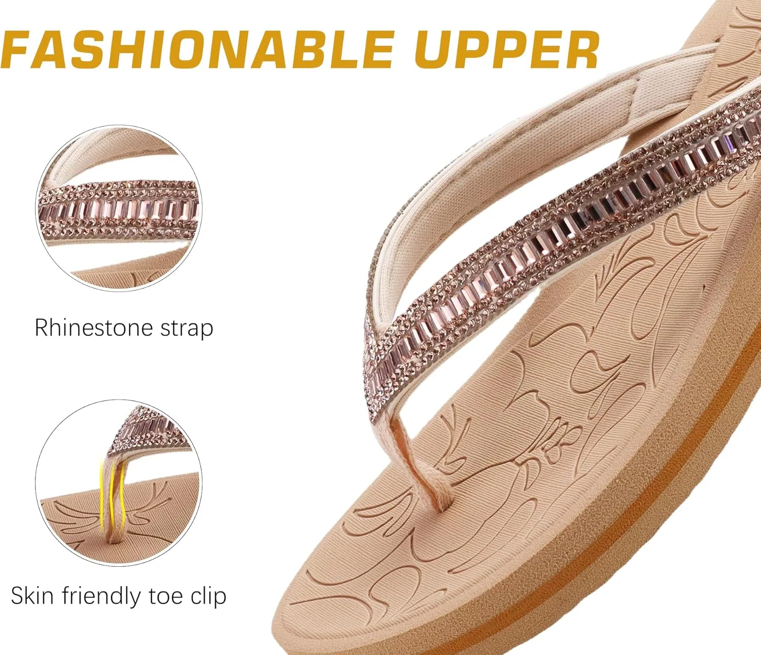 ONCAI Women's Flip Flops with Rhinestone, Arch Support Yoga Mat Comfort Walking Summer Beach Thong Sandals with Plantar Fasciitis Rubber Soles US Size 5-11