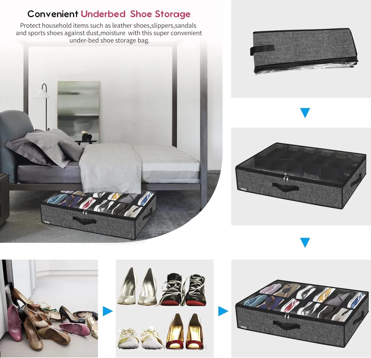 Onlyeasy Sturdy Under Bed Shoe Storage Organizer, Set of 2, Fit 12 to 24 Pairs, Underbed Shoes Closet Storage Solution with Clear Window, Breathable, L29.3"x W23.6"x H5.9", Linen-like Black, MXAUBSB2P