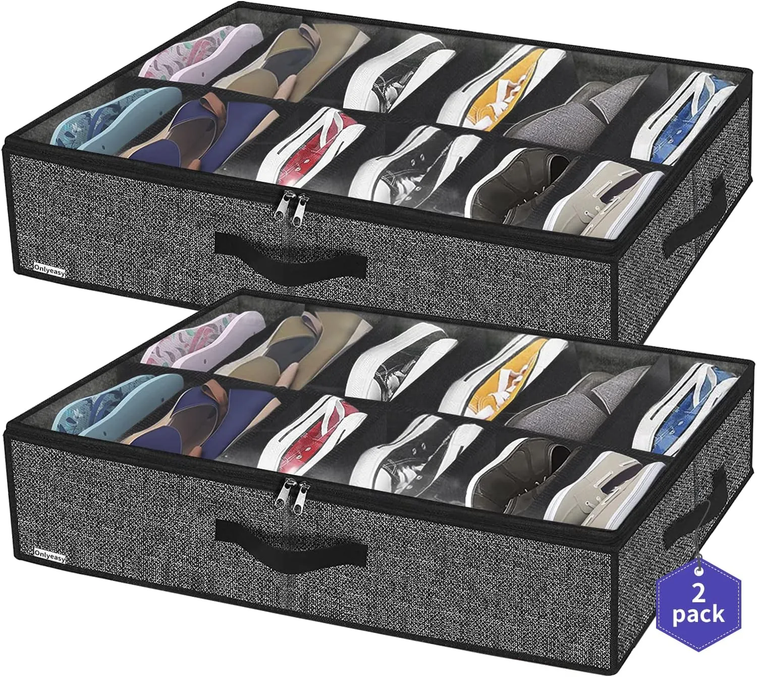 Onlyeasy Sturdy Under Bed Shoe Storage Organizer, Set of 2, Fit 12 to 24 Pairs, Underbed Shoes Closet Storage Solution with Clear Window, Breathable, L29.3"x W23.6"x H5.9", Linen-like Black, MXAUBSB2P
