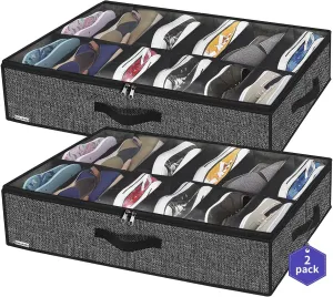 Onlyeasy Sturdy Under Bed Shoe Storage Organizer, Set of 2, Fit 12 to 24 Pairs, Underbed Shoes Closet Storage Solution with Clear Window, Breathable, L29.3"x W23.6"x H5.9", Linen-like Black, MXAUBSB2P