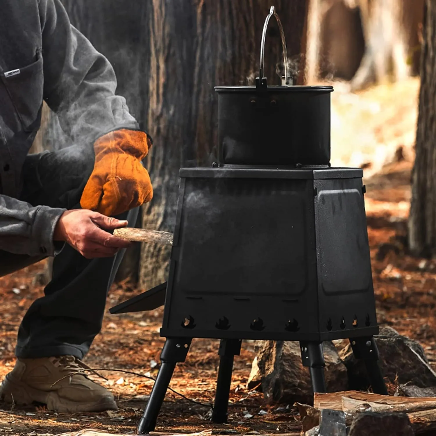 Outdoor Small Wood stoves, Foldable Ultralight Wood Burning Stove, Portable Backpacking Tent Camping Stove Black, for Camping Heating and Cooking (Battery *1 : 30CM)