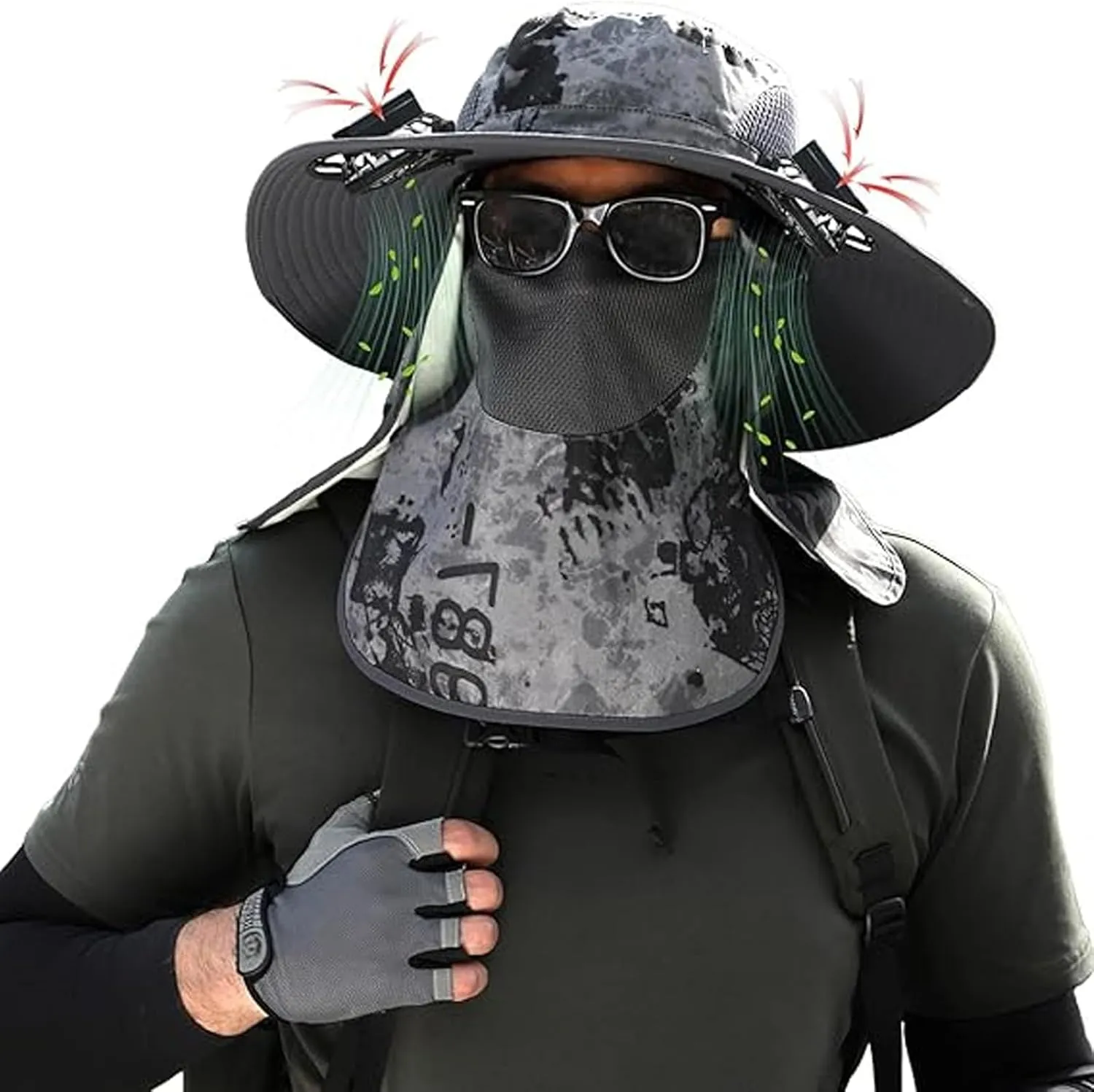 Outdoor Wide Brim Sun Hat with 2 Solar-Powered Fans, Removable Neck Cap and Face Mask - Sun Bucket Hat for Men Women, Dual USB Charging & Solar Powered Grey