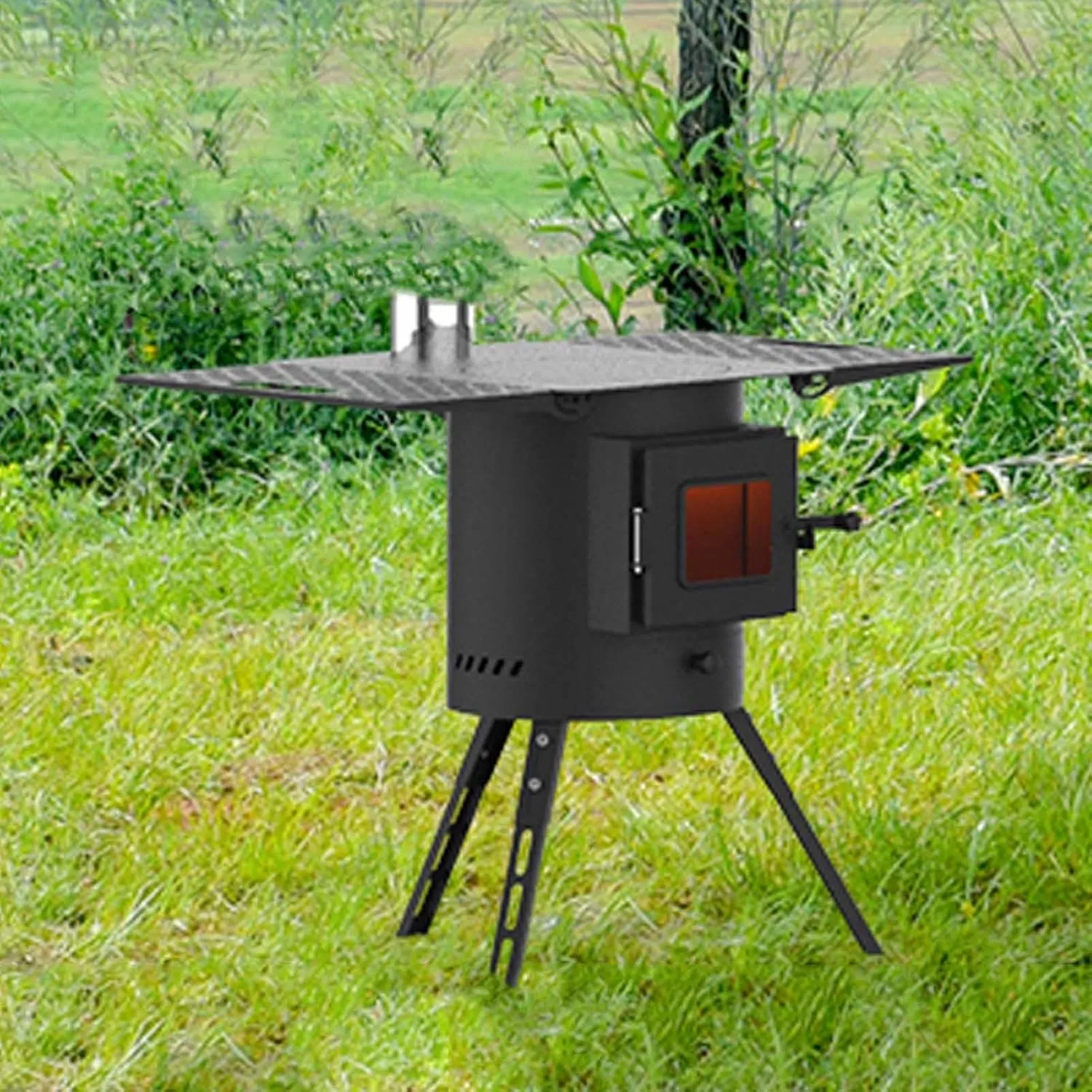 Outdoor Wood Burning Stove, Portable Foldable Camping Stove with Extended Legs and Side Panels, Tent Heating for