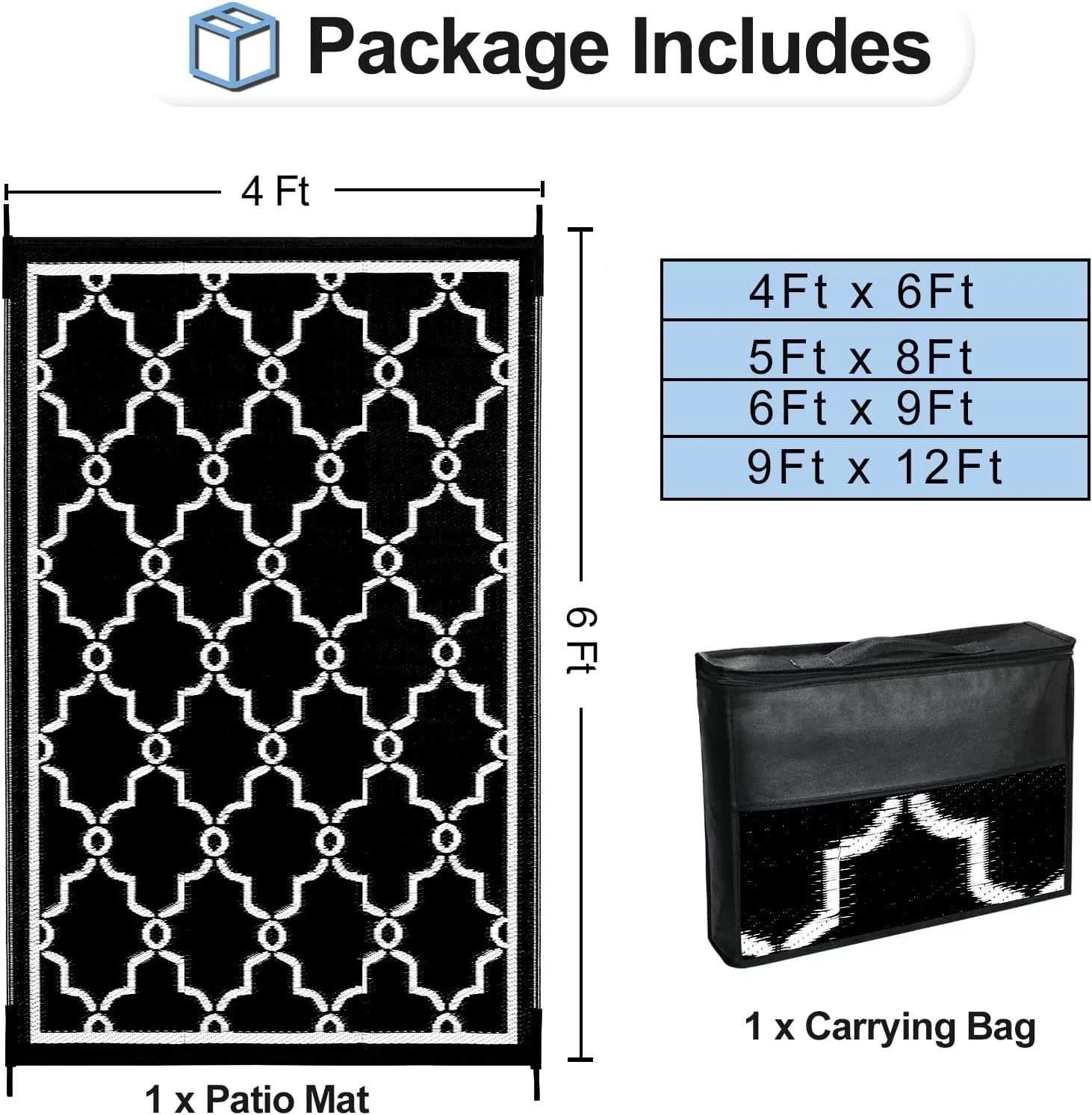 OutdoorLines Outdoor Reversible Rugs for Patio 4x6 ft - Outside Plastic Carpet, Stain & UV Resistant Portable RV Mat, Straw Rug for Camping, Backyard, Deck, Picnic, Porch Moroccan Black & White
