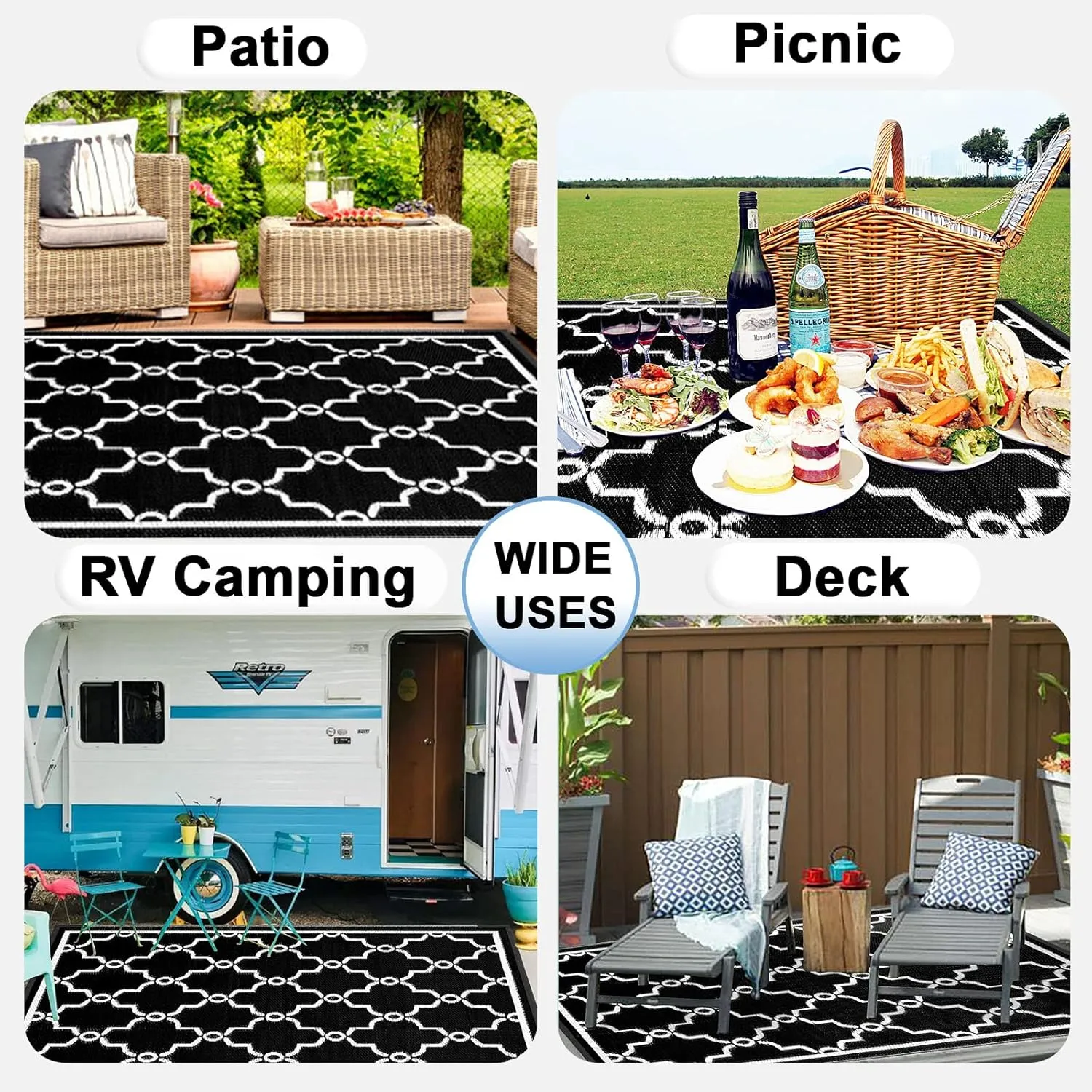 OutdoorLines Outdoor Reversible Rugs for Patio 4x6 ft - Outside Plastic Carpet, Stain & UV Resistant Portable RV Mat, Straw Rug for Camping, Backyard, Deck, Picnic, Porch Moroccan Black & White