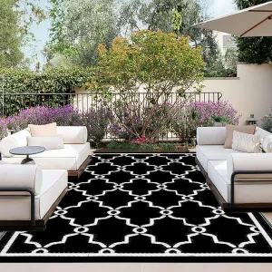 OutdoorLines Outdoor Reversible Rugs for Patio 4x6 ft - Outside Plastic Carpet, Stain & UV Resistant Portable RV Mat, Straw Rug for Camping, Backyard, Deck, Picnic, Porch Moroccan Black & White
