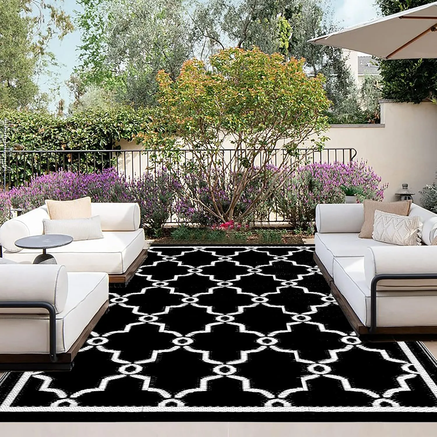 OutdoorLines Outdoor Reversible Rugs for Patio 4x6 ft - Outside Plastic Carpet, Stain & UV Resistant Portable RV Mat, Straw Rug for Camping, Backyard, Deck, Picnic, Porch Moroccan Black & White