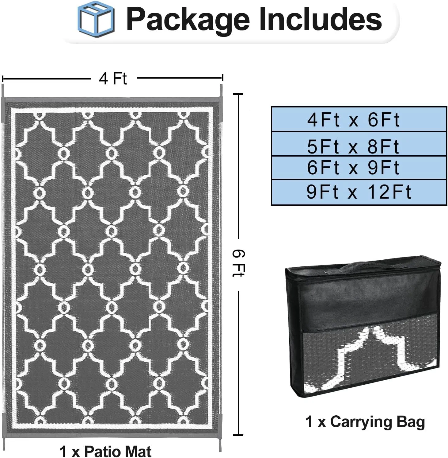 OutdoorLines Outdoor Reversible Rugs for Patio 4x6 ft - Outside Plastic Carpet, Stain & UV Resistant Portable RV Mat, Straw Rug for Camping, Backyard, Deck, Picnic, Porch Moroccan Gray & White