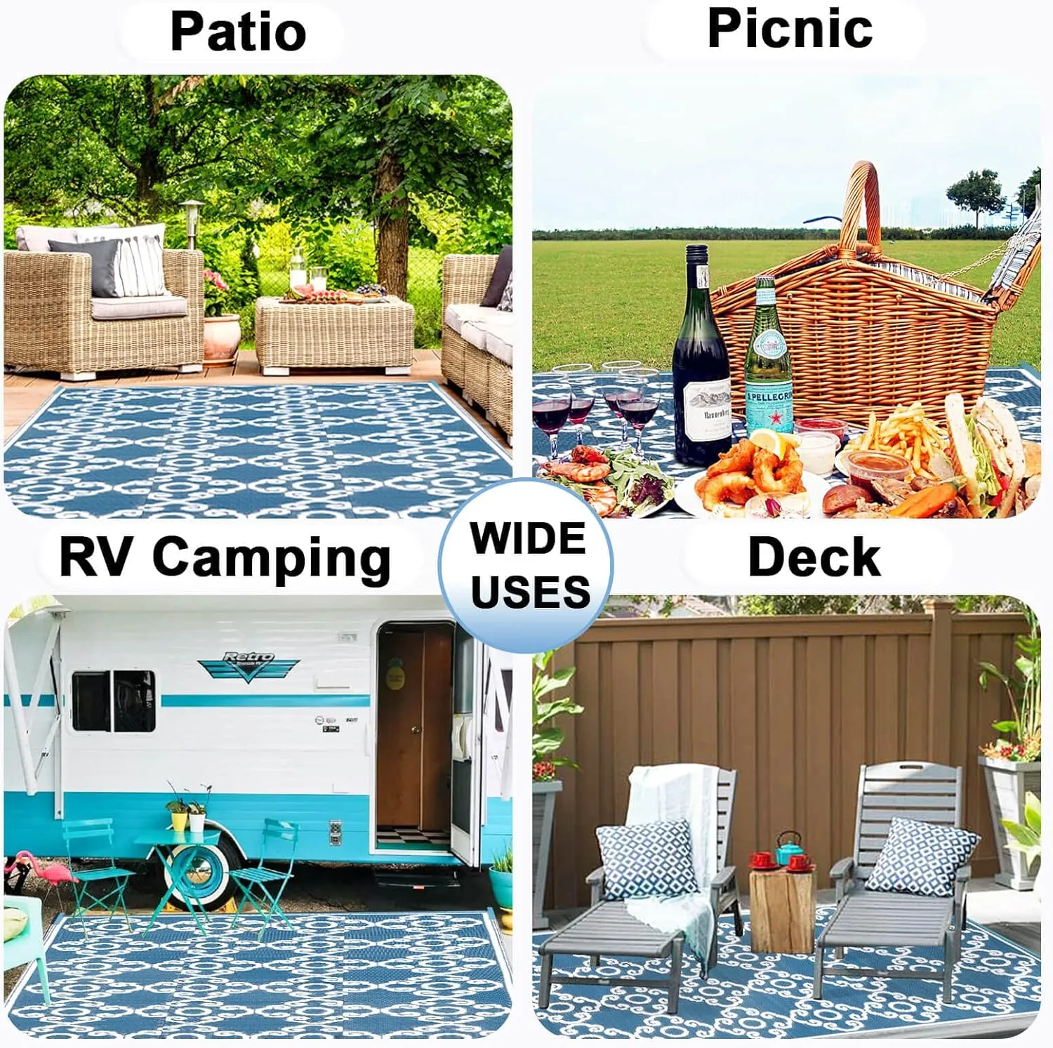 OutdoorLines Outdoor Reversible Rugs for Patio 4x6 ft - Outside Plastic Carpet, Stain & UV Resistant RV Mat, Straw Rug for Camping, Backyard, Deck, Picnic, Porch Moroccan Flower Grayish Blue & White