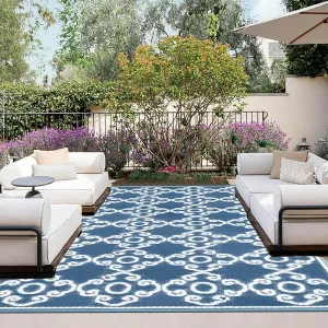 OutdoorLines Outdoor Reversible Rugs for Patio 4x6 ft - Outside Plastic Carpet, Stain & UV Resistant RV Mat, Straw Rug for Camping, Backyard, Deck, Picnic, Porch Moroccan Flower Grayish Blue & White