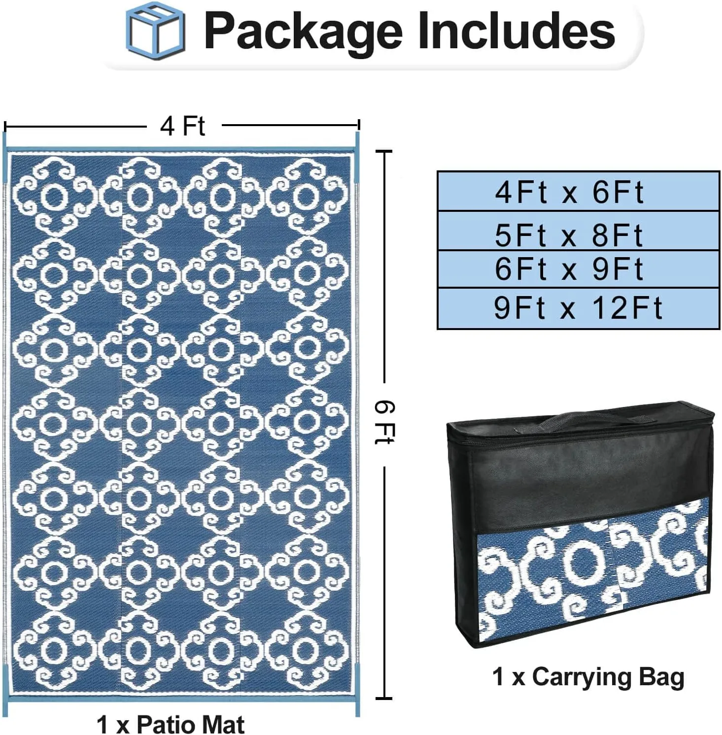 OutdoorLines Outdoor Reversible Rugs for Patio 4x6 ft - Outside Plastic Carpet, Stain & UV Resistant RV Mat, Straw Rug for Camping, Backyard, Deck, Picnic, Porch Moroccan Flower Grayish Blue & White