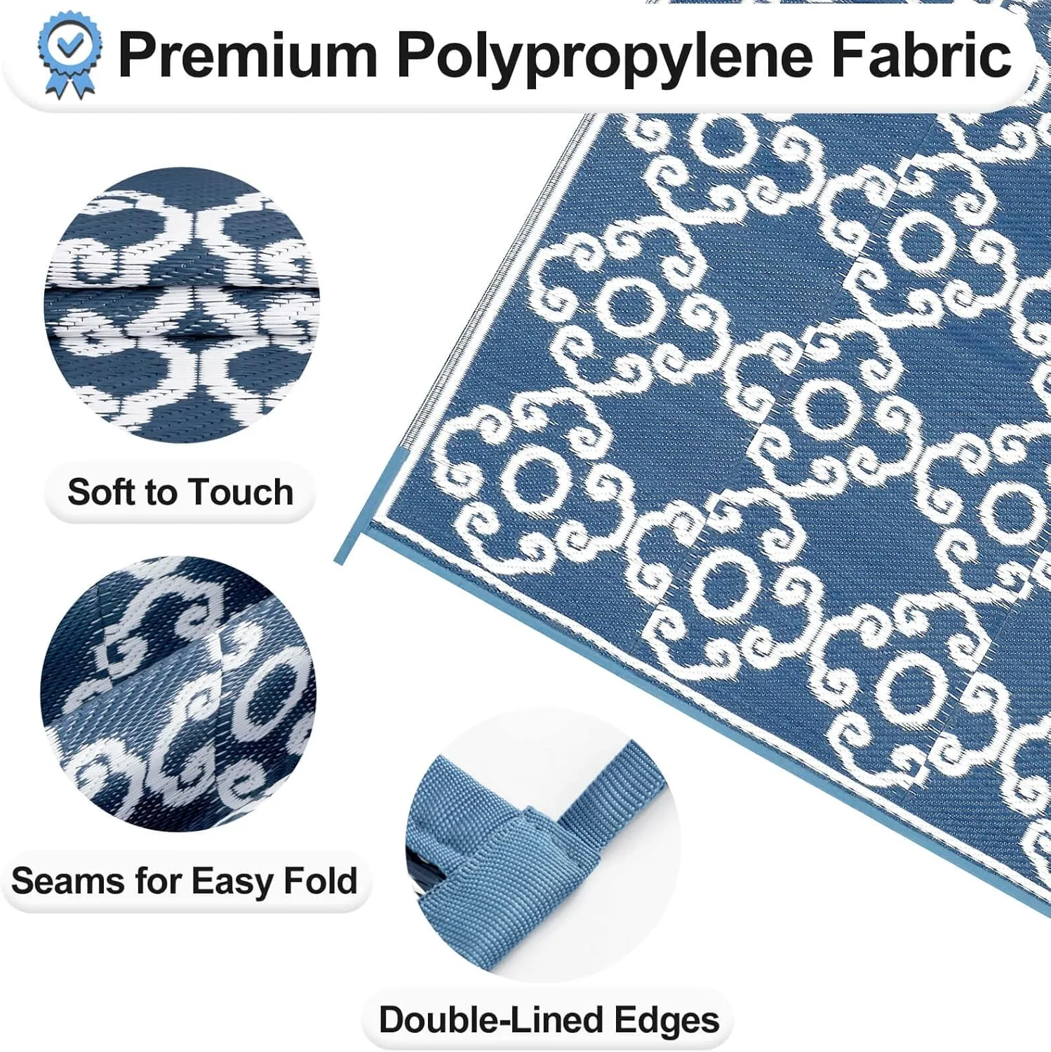 OutdoorLines Outdoor Reversible Rugs for Patio 4x6 ft - Outside Plastic Carpet, Stain & UV Resistant RV Mat, Straw Rug for Camping, Backyard, Deck, Picnic, Porch Moroccan Flower Grayish Blue & White