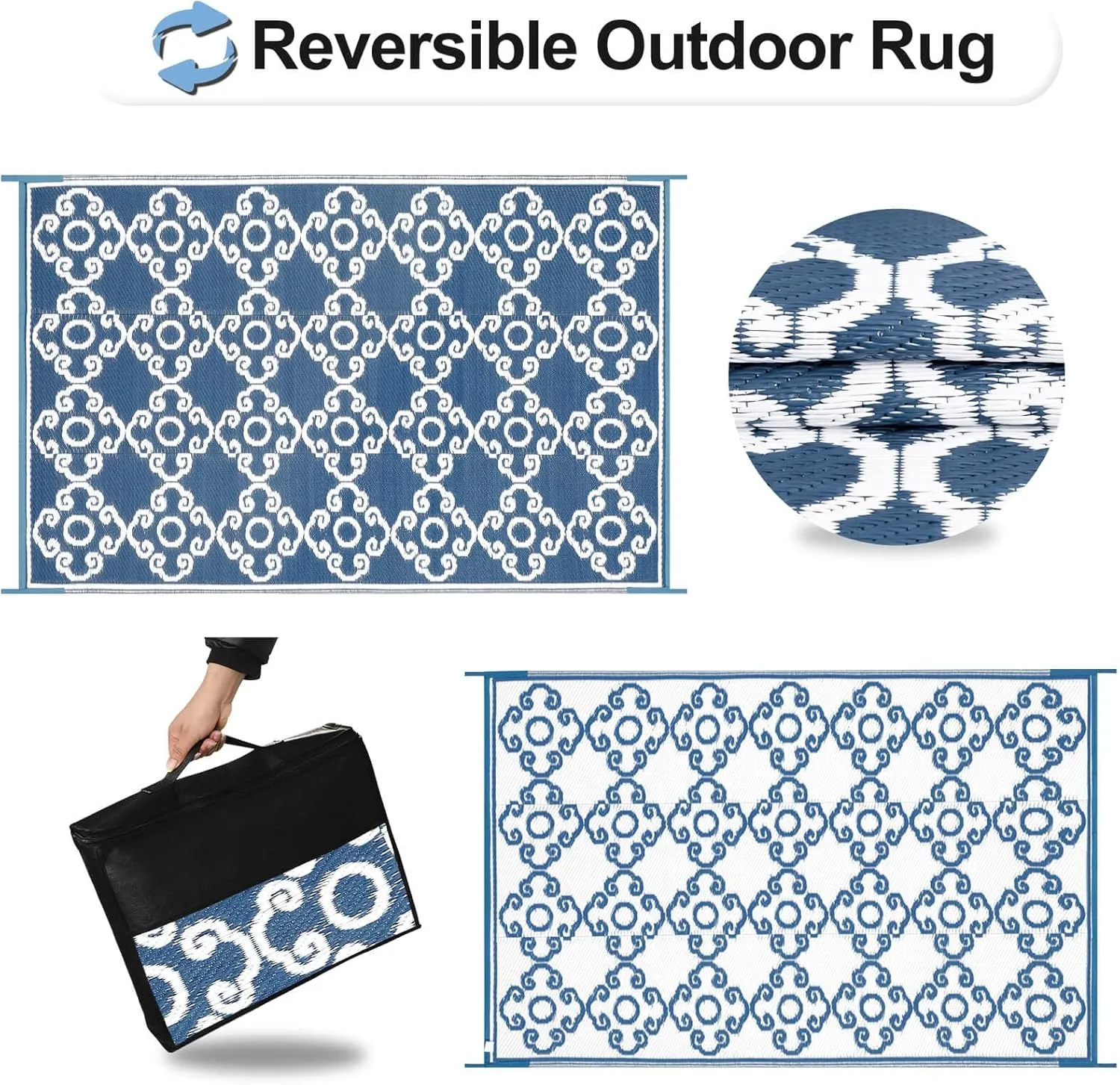 OutdoorLines Outdoor Reversible Rugs for Patio 4x6 ft - Outside Plastic Carpet, Stain & UV Resistant RV Mat, Straw Rug for Camping, Backyard, Deck, Picnic, Porch Moroccan Flower Grayish Blue & White