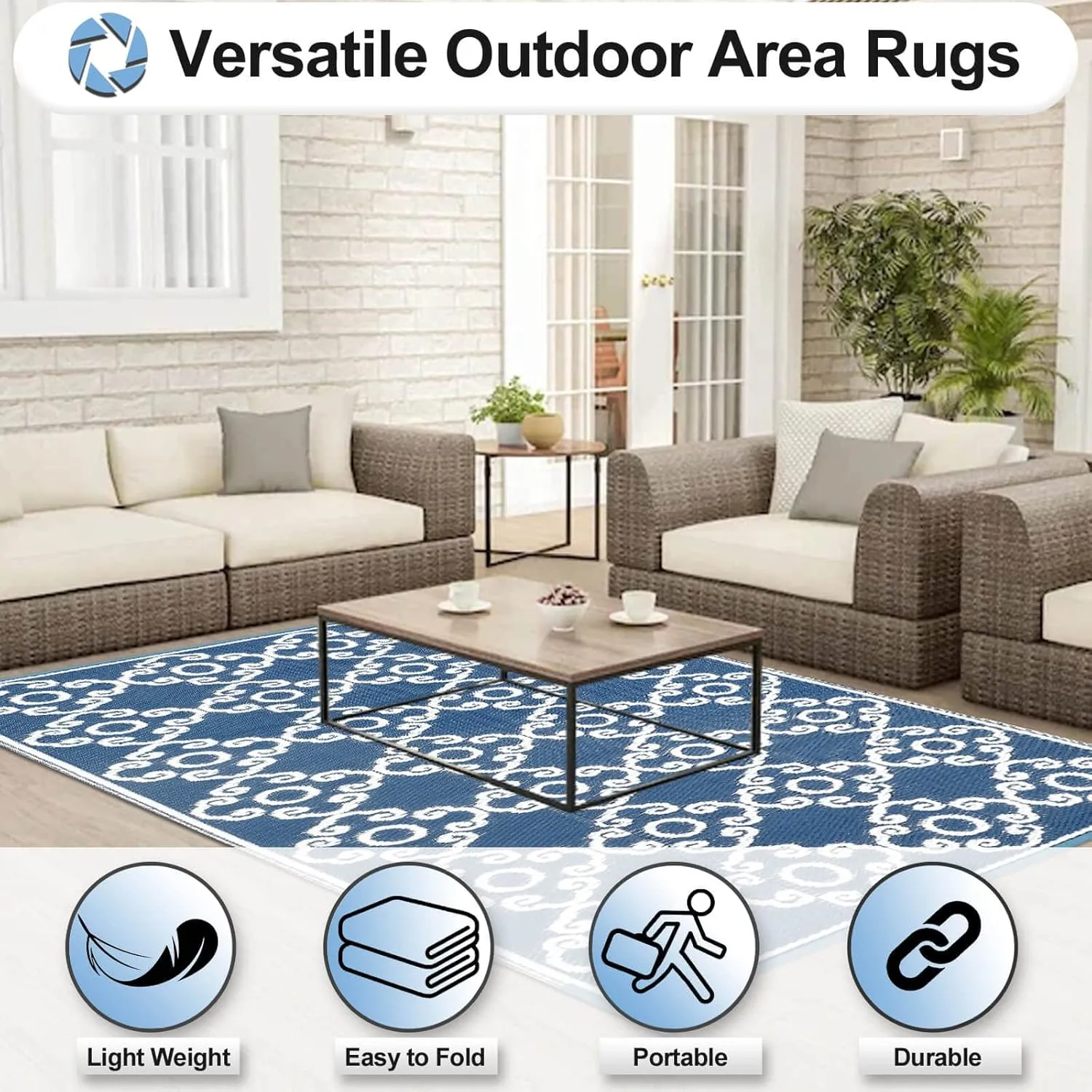 OutdoorLines Outdoor Reversible Rugs for Patio 4x6 ft - Outside Plastic Carpet, Stain & UV Resistant RV Mat, Straw Rug for Camping, Backyard, Deck, Picnic, Porch Moroccan Flower Grayish Blue & White