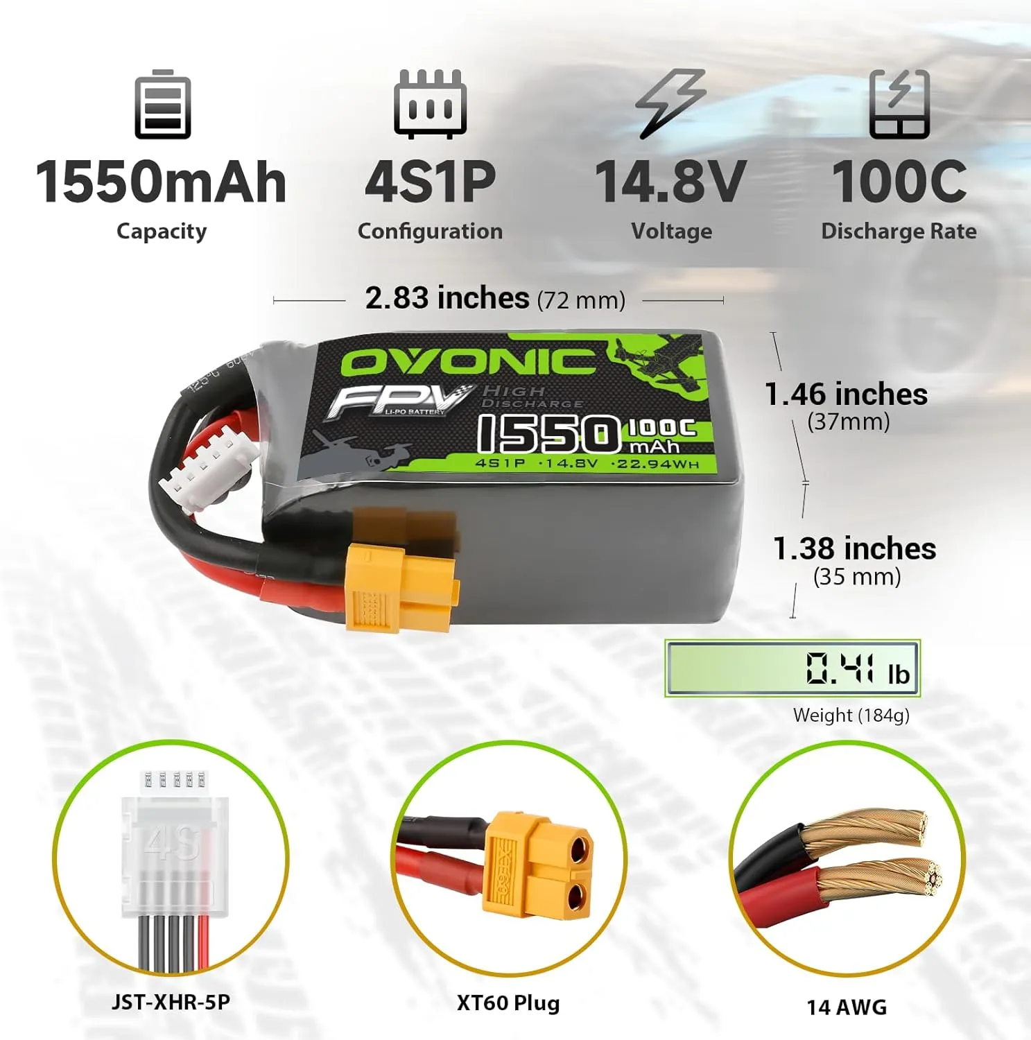 OVONIC 4s Lipo Battery 100C 1550mAh 14.8V Lipo Battery with XT60 Connector for RC FPV Racing Drone Quadcopter