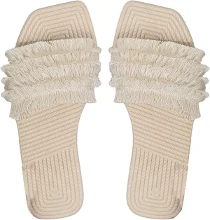 OYOANGLE Women's Tassel Square Toe Flat Sandals Slip On Vacation Casual Leather Slides Sandal