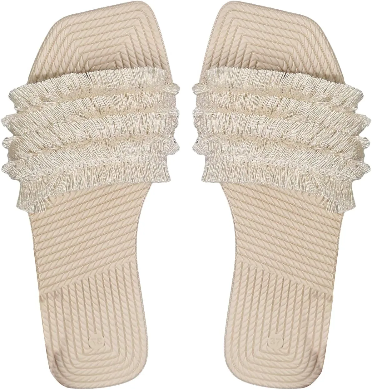 OYOANGLE Women's Tassel Square Toe Flat Sandals Slip On Vacation Casual Leather Slides Sandal