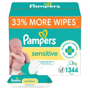 Pampers Baby Wipes, Sensitive, Water Based Wipe, Clinically Proven, Hypoallergenic, and Unscented for Babies, 1344 Wipes Total (16 Flip-Top Packs)