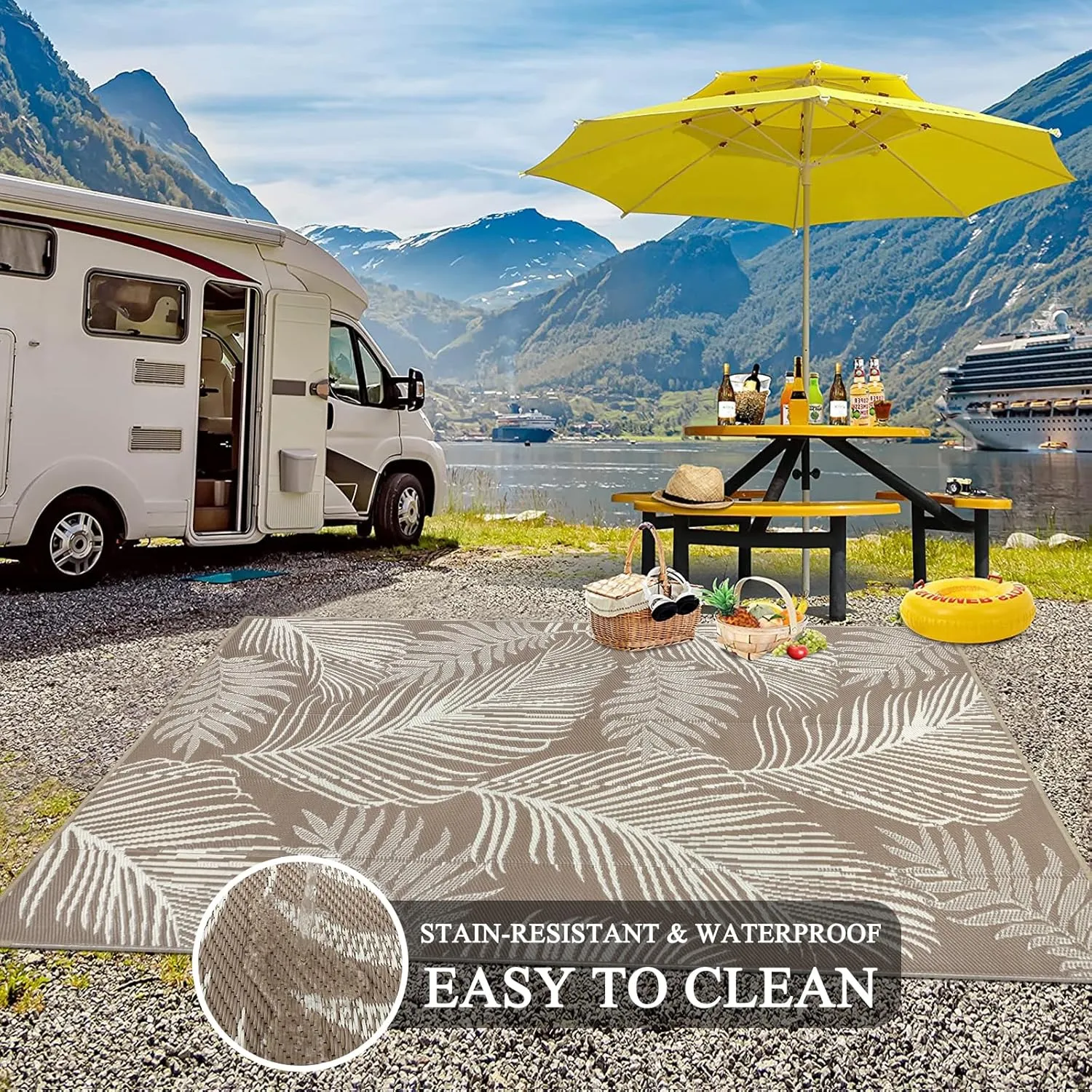 Pauwer Waterproof Outdoor Rug 5x8, Reversible Plastic Straw Patio Camping Rug, Indoor Outdoor RV Mat Carpet for Deck, Camper, Porch, Balcony, Backyard, Picnic, Leaf Brown