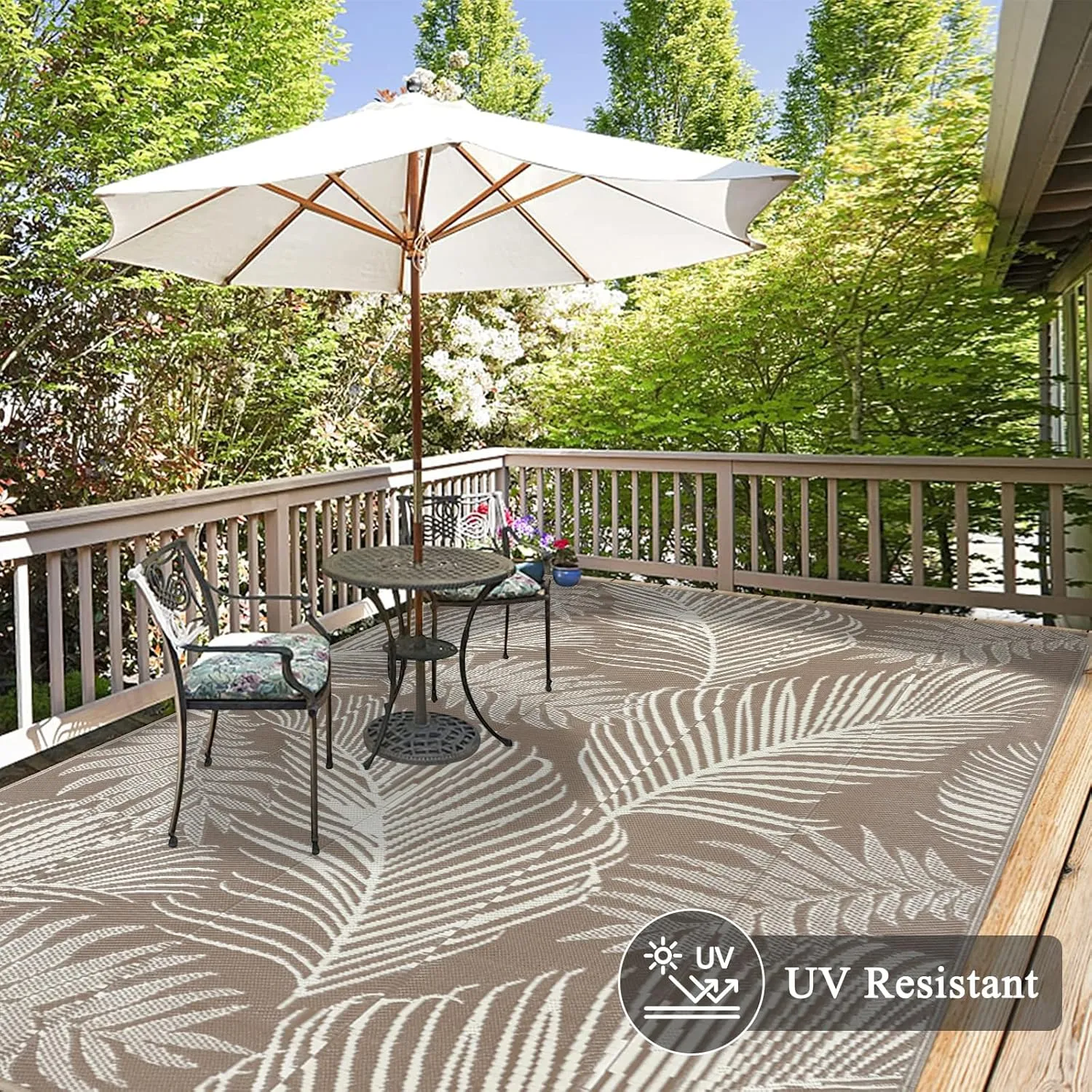 Pauwer Waterproof Outdoor Rug 5x8, Reversible Plastic Straw Patio Camping Rug, Indoor Outdoor RV Mat Carpet for Deck, Camper, Porch, Balcony, Backyard, Picnic, Leaf Brown