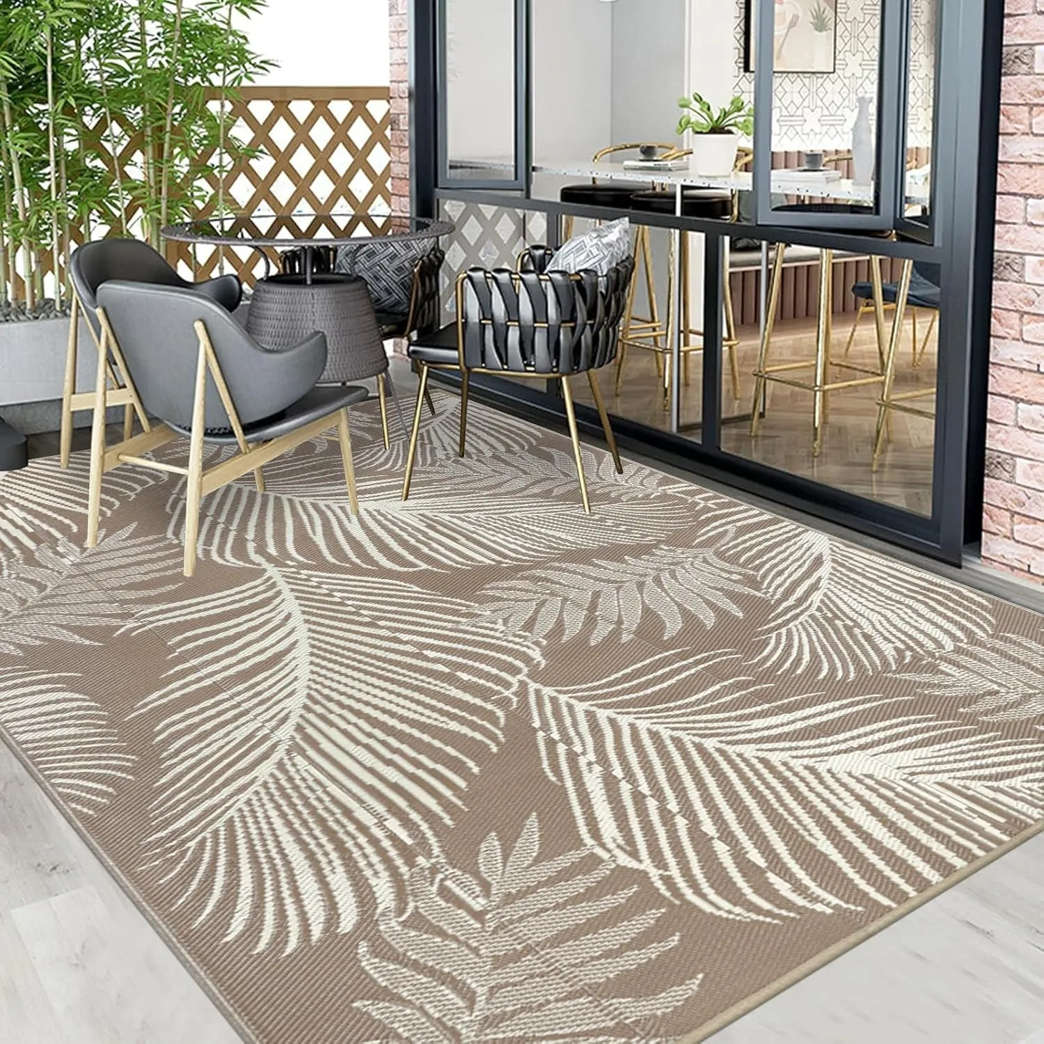 Pauwer Waterproof Outdoor Rug 5x8, Reversible Plastic Straw Patio Camping Rug, Indoor Outdoor RV Mat Carpet for Deck, Camper, Porch, Balcony, Backyard, Picnic, Leaf Brown