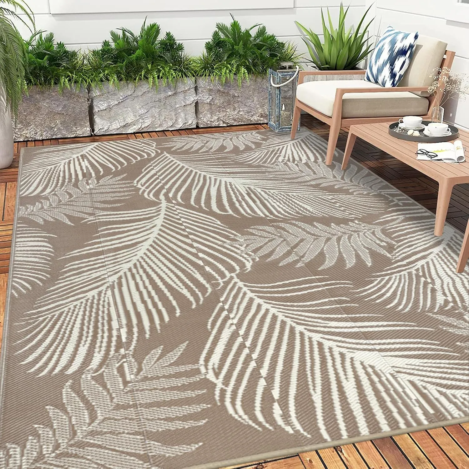 Pauwer Waterproof Outdoor Rug 5x8, Reversible Plastic Straw Patio Camping Rug, Indoor Outdoor RV Mat Carpet for Deck, Camper, Porch, Balcony, Backyard, Picnic, Leaf Brown
