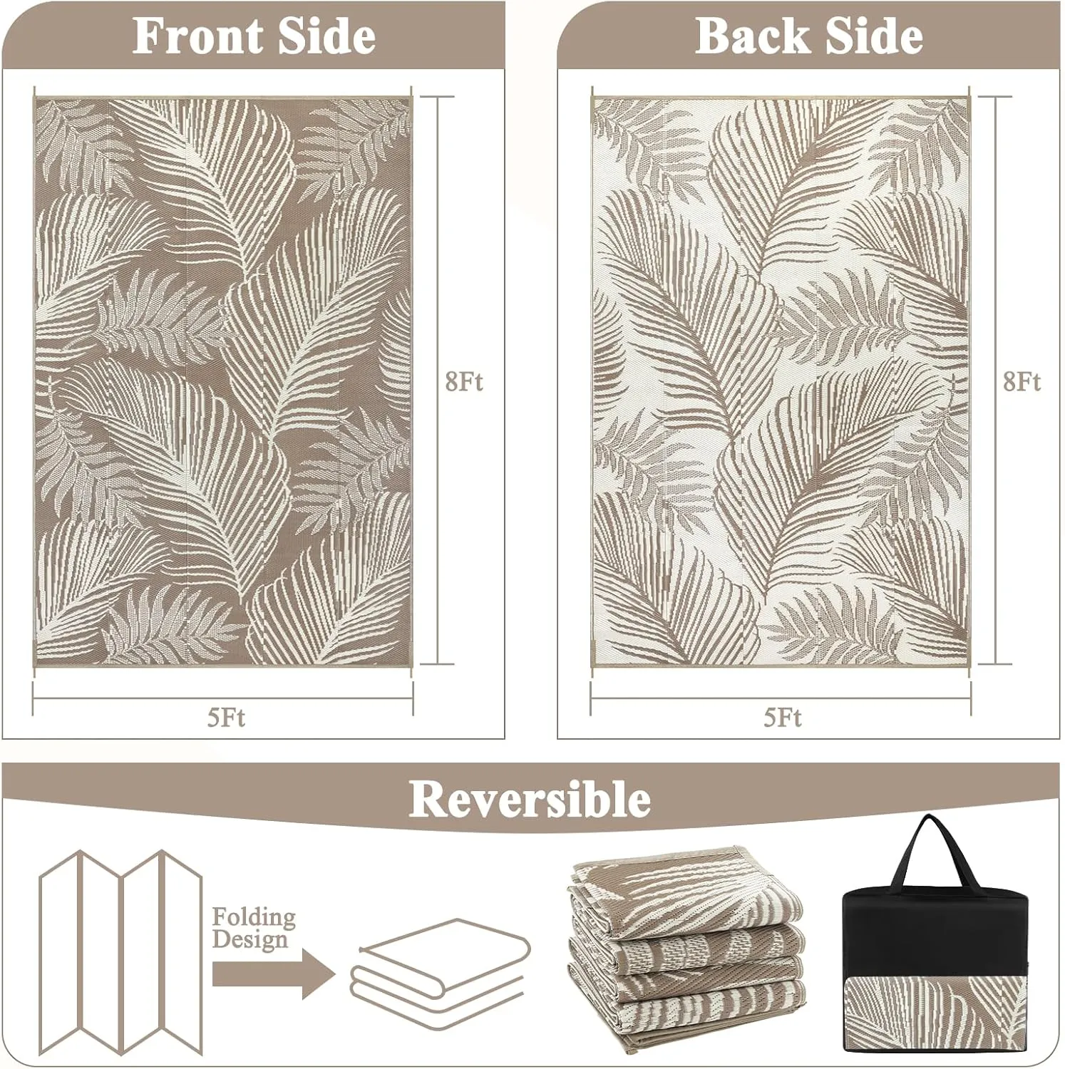 Pauwer Waterproof Outdoor Rug 5x8, Reversible Plastic Straw Patio Camping Rug, Indoor Outdoor RV Mat Carpet for Deck, Camper, Porch, Balcony, Backyard, Picnic, Leaf Brown