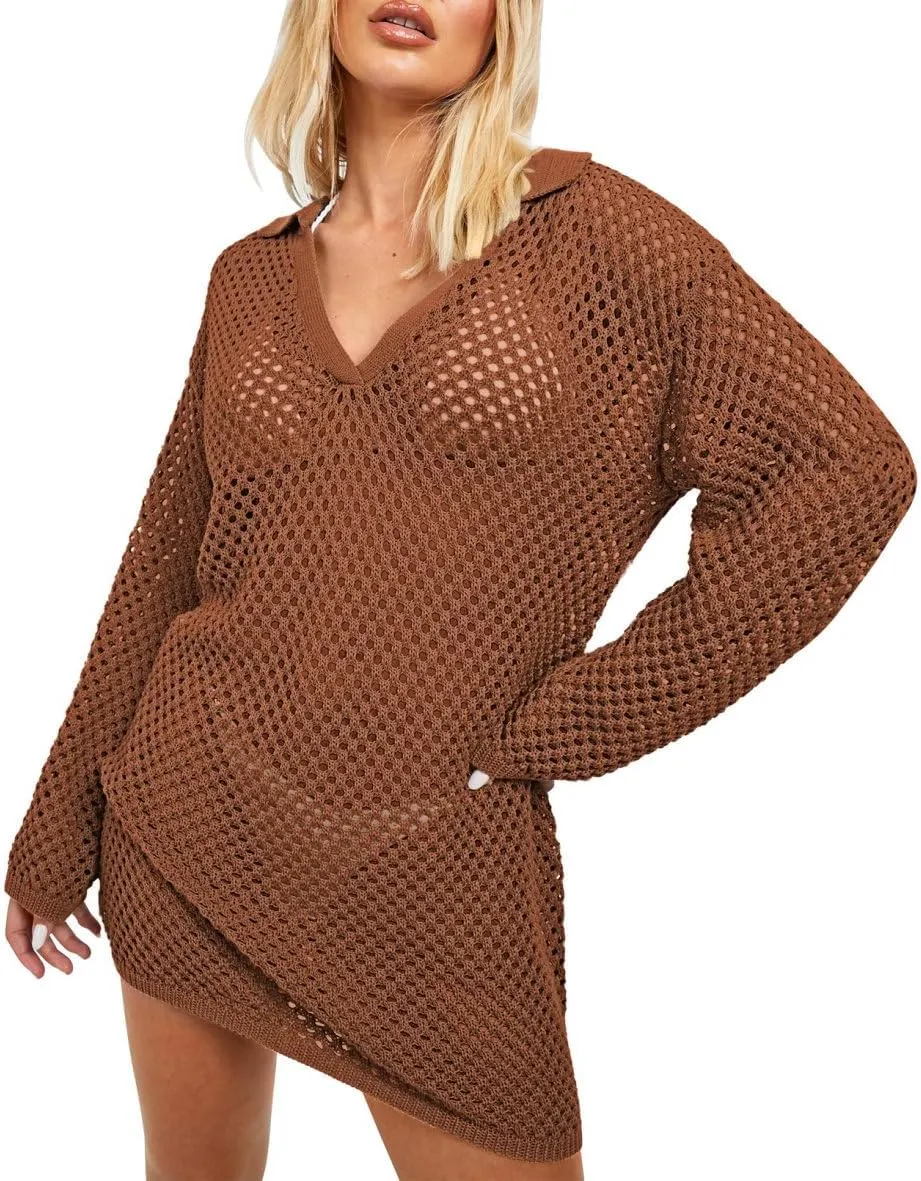 Pink Queen Crochet Swimsuit Cover Up for Women 2025 Sexy Hollow Out Bikini Bathing Suit Coverup Knit Beach Swimwear Dress