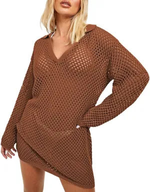 Pink Queen Crochet Swimsuit Cover Up for Women 2025 Sexy Hollow Out Bikini Bathing Suit Coverup Knit Beach Swimwear Dress