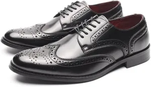 Plus Size 45-47 Men's Leather Shoes Brogue Carved British Style Derby Shoes Business Formal wear Leather Shoes Men's Cross-Border(Black,46)