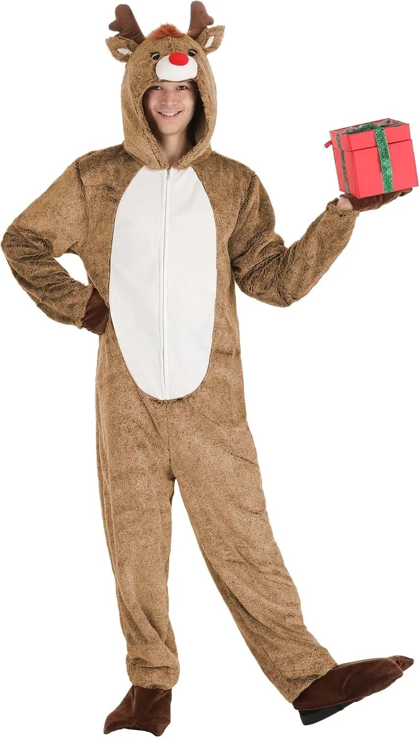 Plush Reindeer Adult Costume, Hood, Tail | Christmas Jumpsuit | Holiday Costumes