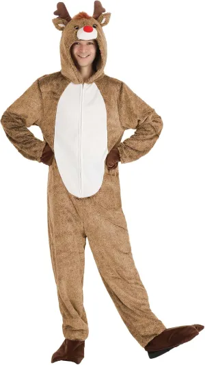 Plush Reindeer Adult Costume, Hood, Tail | Christmas Jumpsuit | Holiday Costumes