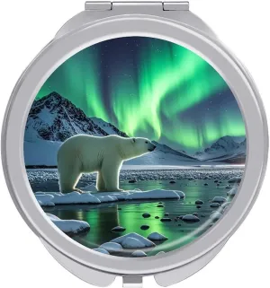 Polar Bears Northern Lights Makeup Mirror 1x/2x Magnification of Beauty Mirror, 2-Sided Handheld Foldable Mirror for Purse Pocket Women Home Office Travel