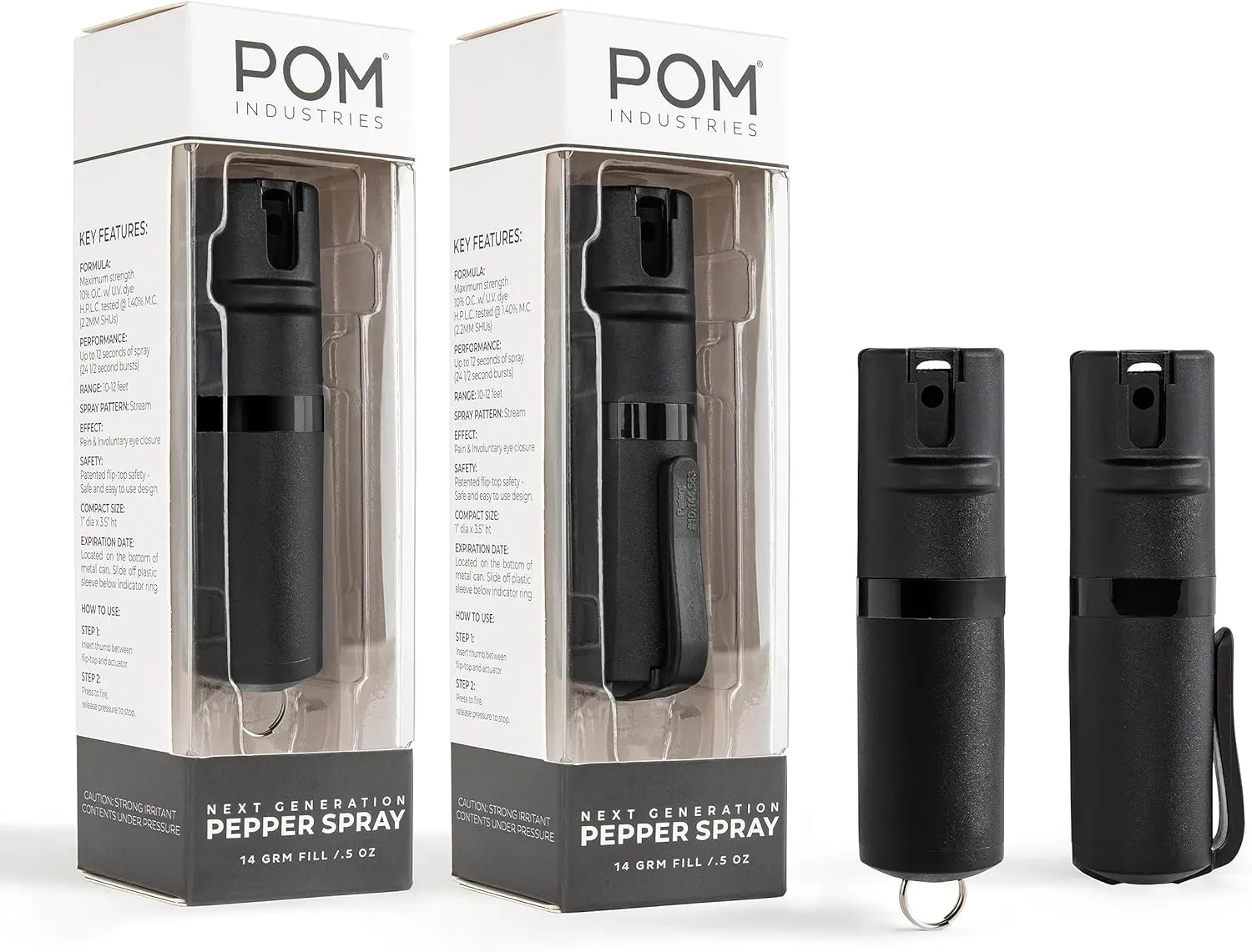 POM Pepper Spray Combo Pack Clip & Keychain - Maximum Strength OC Spray Self Defense- Tactical Compact & Safe Design - 25 Bursts & 10 ft Range - Stream Spray Pattern