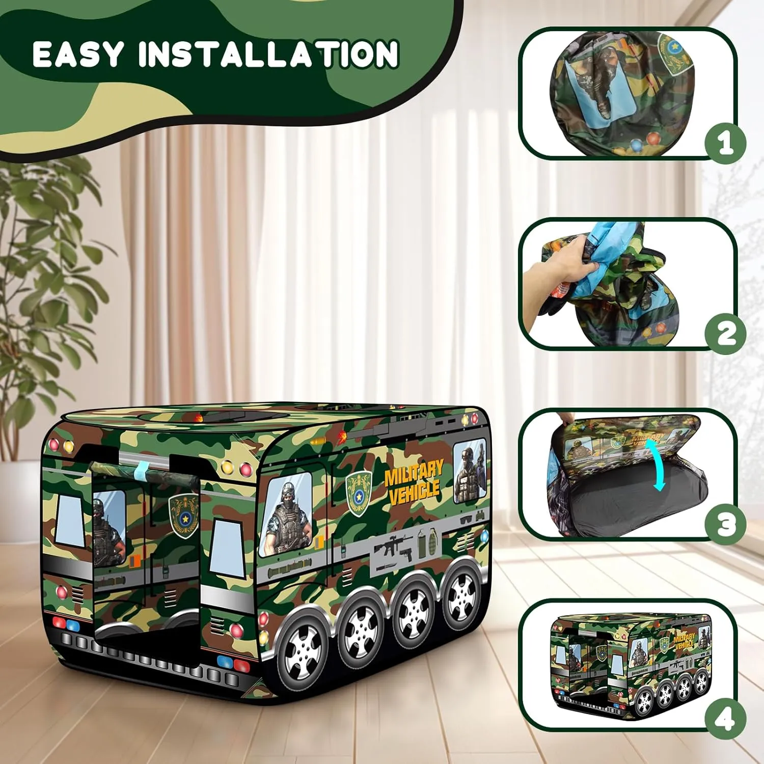 Pop Up Play Tent for Kids - Foldable Indoor & Outdoor Playhouse Vehicle Toys for Toddlers, Boys and Girls - 2 Openings, Flat-Folding for Compact Storage (Green Vehicle)