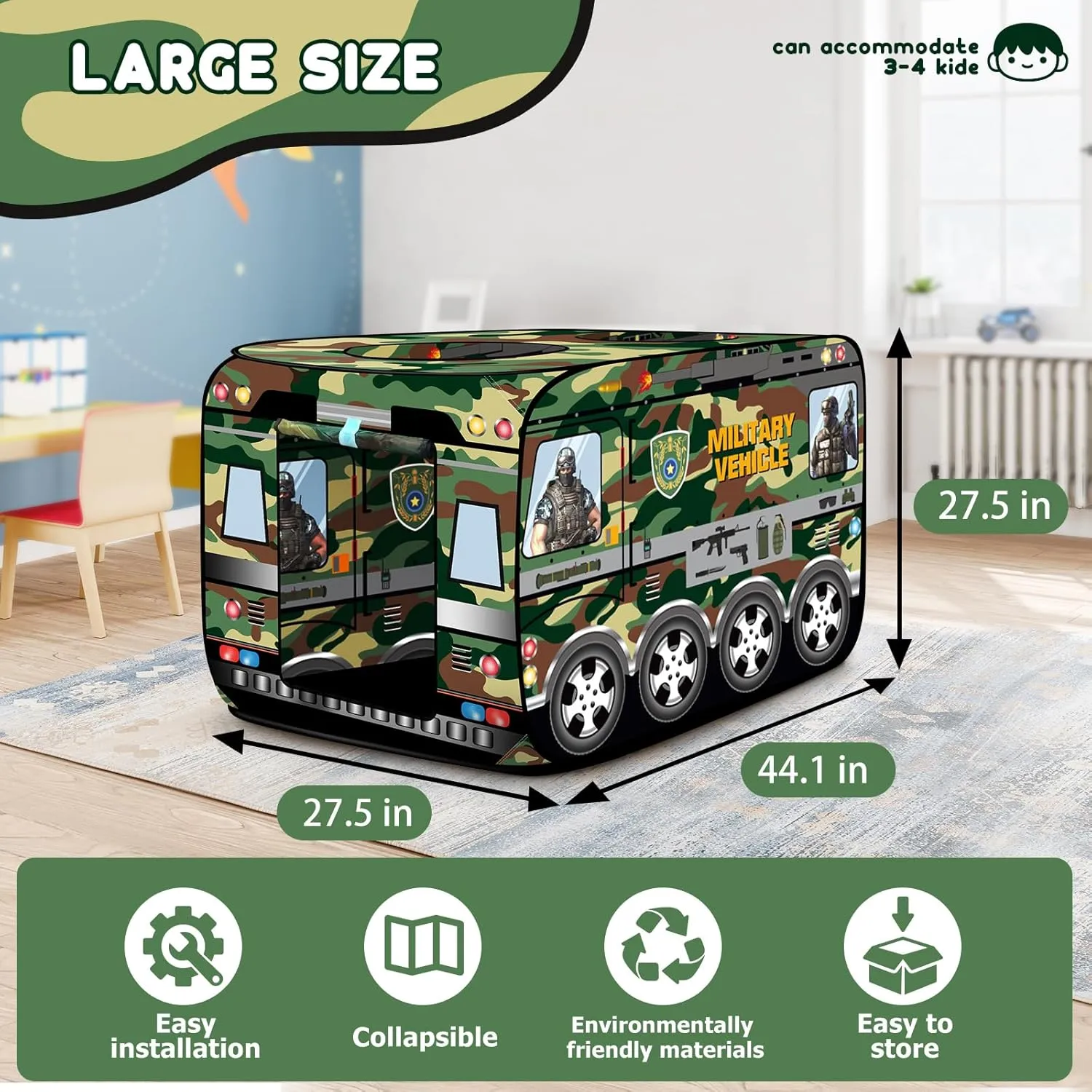 Pop Up Play Tent for Kids - Foldable Indoor & Outdoor Playhouse Vehicle Toys for Toddlers, Boys and Girls - 2 Openings, Flat-Folding for Compact Storage (Green Vehicle)